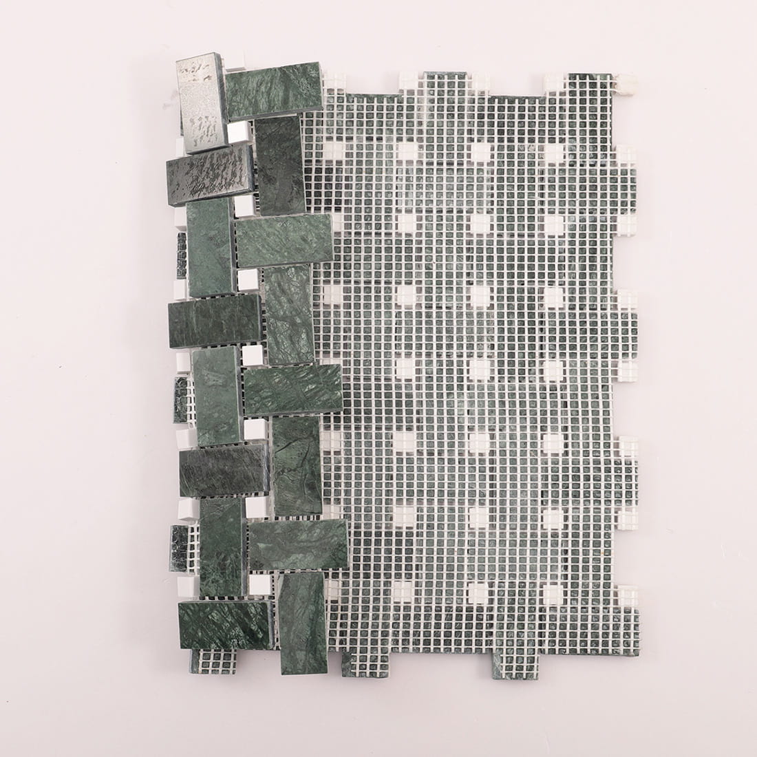 Back view of green marble basketweave mosaic sheet showing mesh backing
