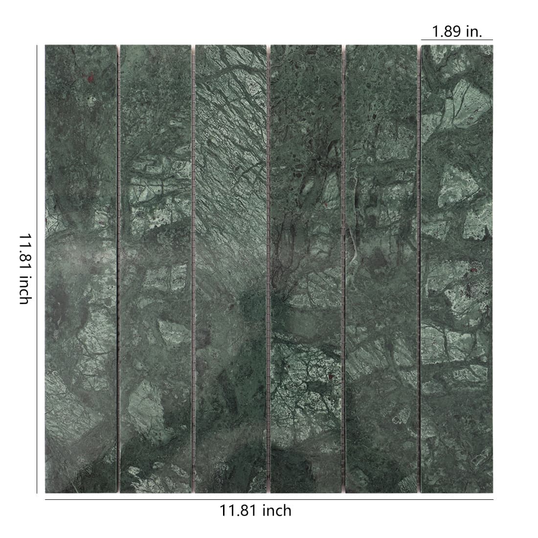 Green marble linear mosaic sheet with size measurements on white background