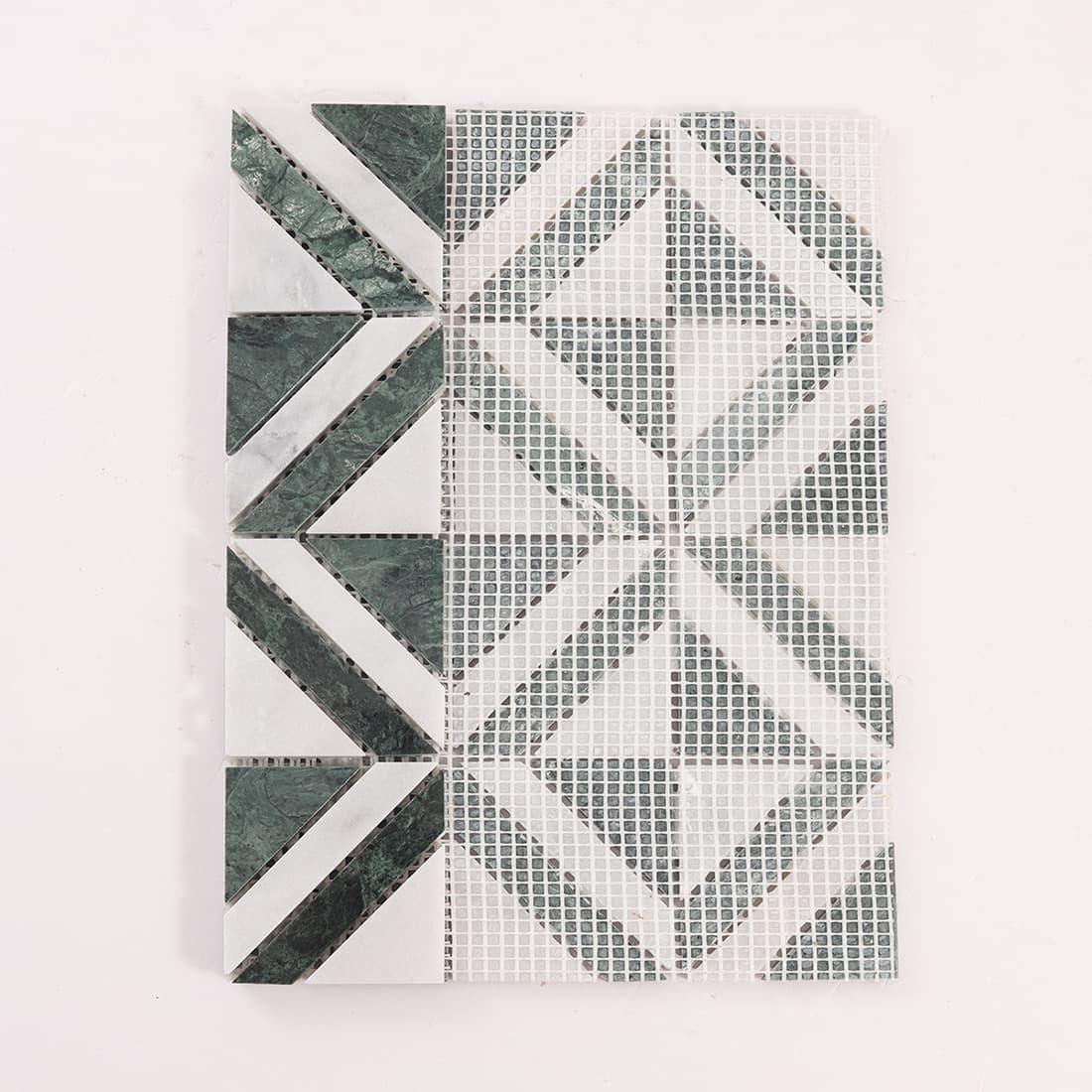 Green and white geometric marble mosaic tile mesh backing view
