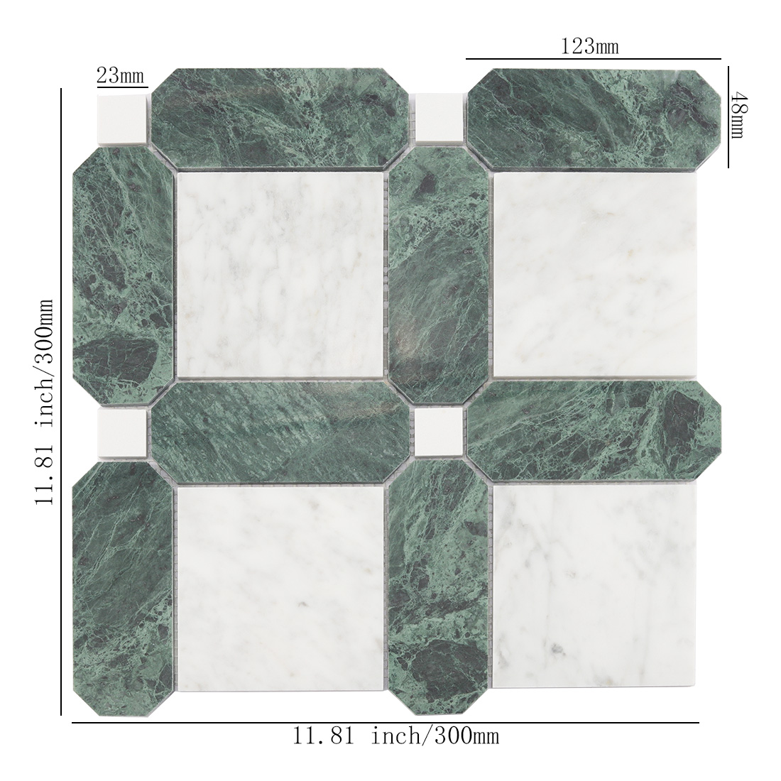 Green and white marble frame mosaic tile with square center pieces