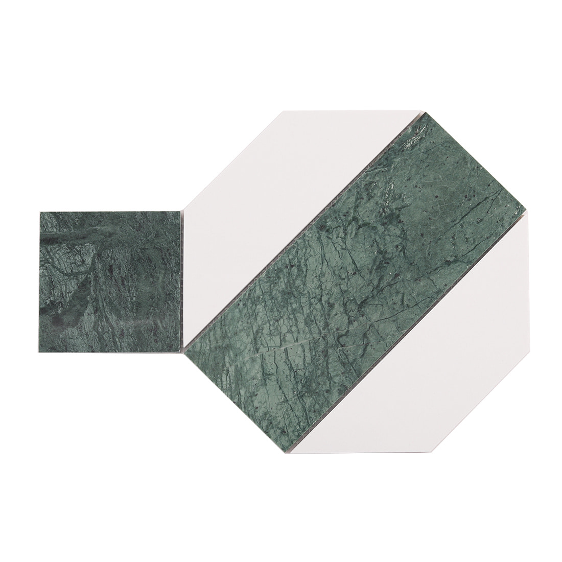 Geometric marble tile in green and white with diagonal stripe pattern