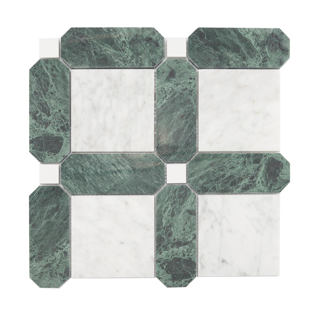 Front view of green and white marble grid mosaic tile sheet