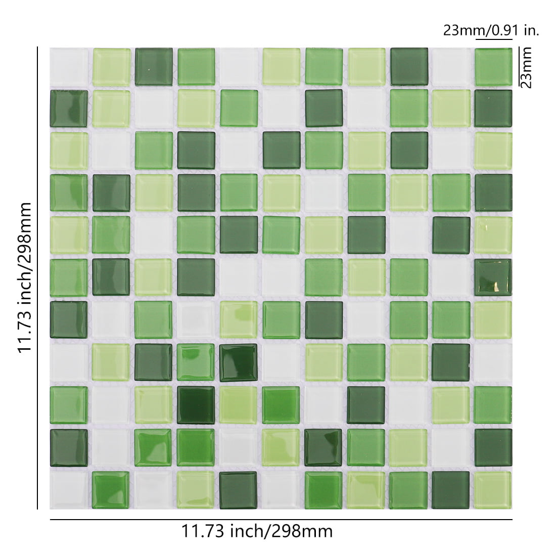 Green and white square crystal glass mosaic tile sheet with 23mm pieces