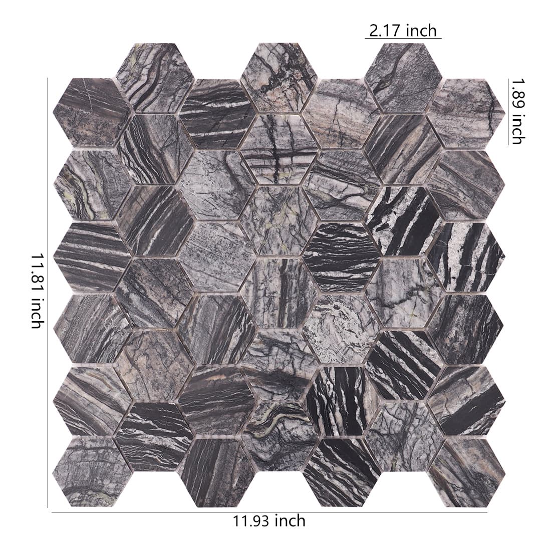 Grey marble hexagon mosaic sheet with size labels on a white background.