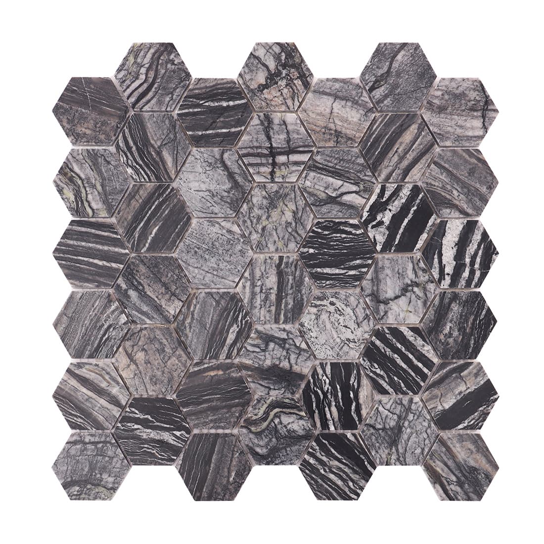 Top view of a grey marble hexagon mosaic tile sheet.