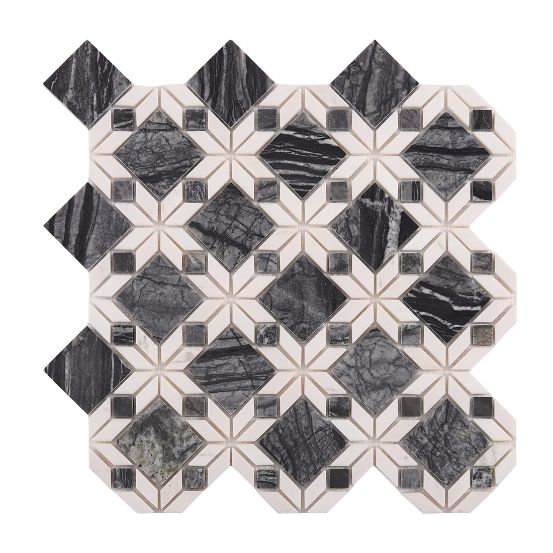 Full view of grey and white marble geometric mosaic tile pattern