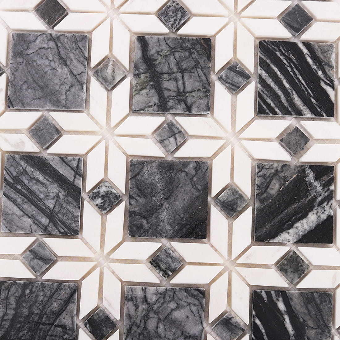 Detailed view of grey and white marble geometric mosaic tile pattern
