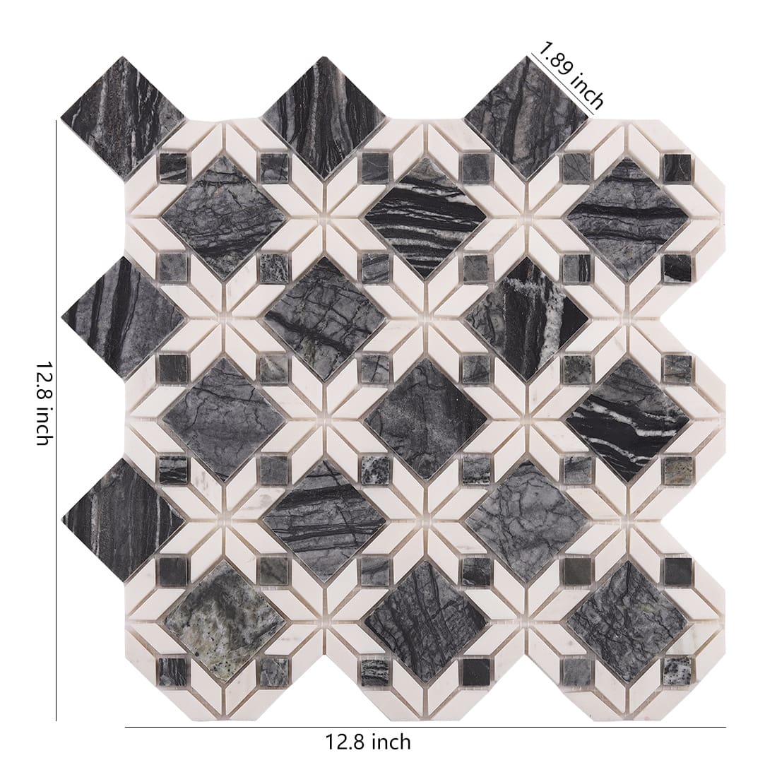 Grey and white marble mosaic tile sheet with geometric diamond pattern