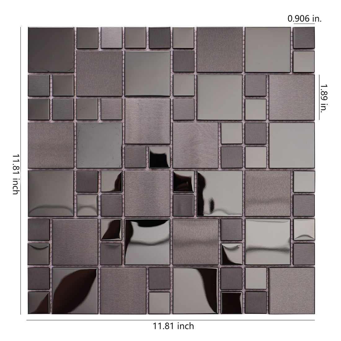 Gunmetal mosaic sheet showing 11.81 inch dimensions and chip sizes.