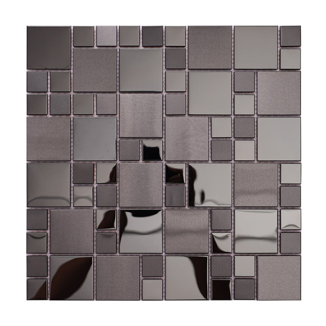 Full sheet of gunmetal black stainless steel mosaic with mixed square chip sizes.