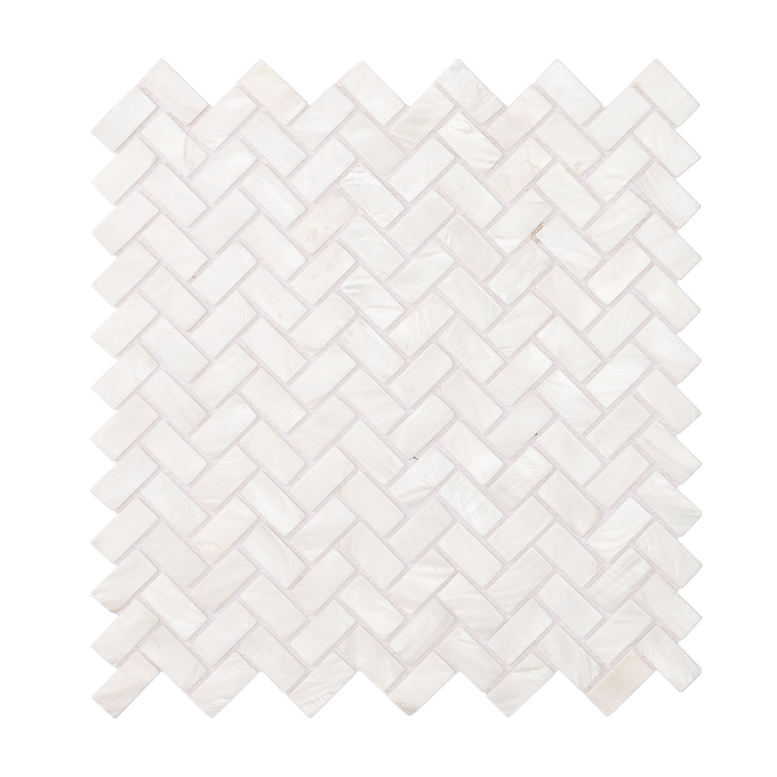 Front view of white mother of pearl herringbone mosaic sheet 