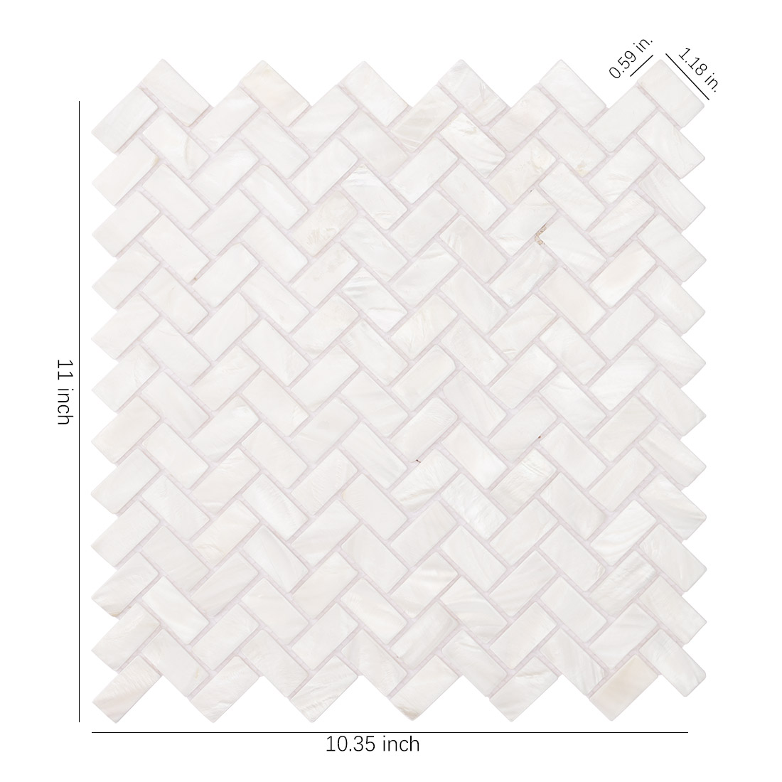 Herringbone mother of pearl mosaic sheet with size measurements