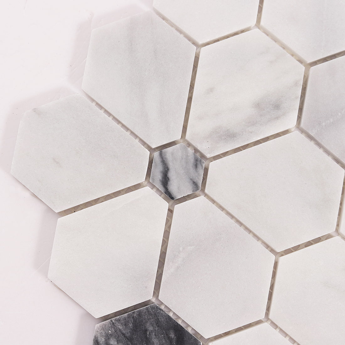 Close up of hexagon mosaic showing small gray center hexagon detail
