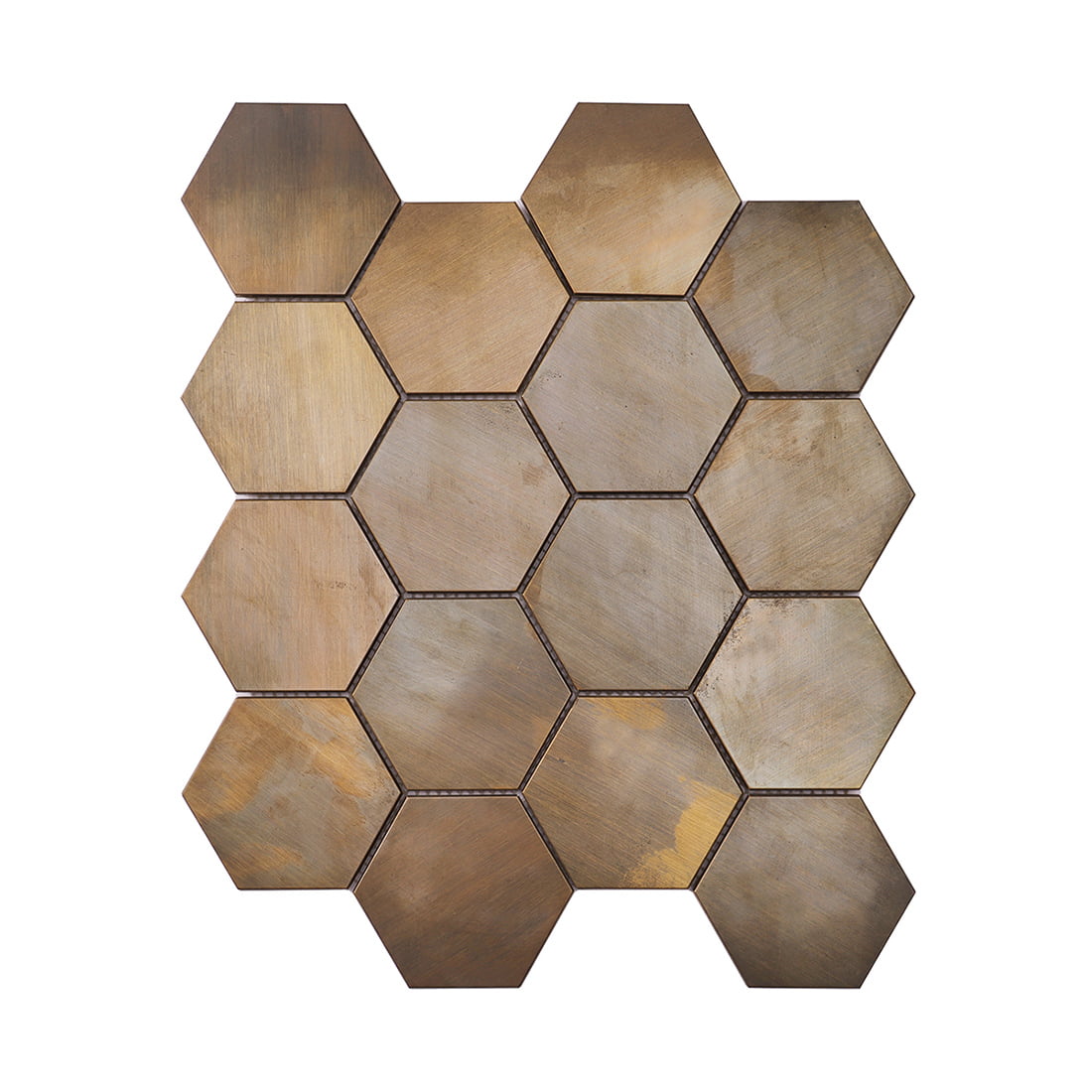 Front view of a brushed antique brass hexagon metal mosaic tile sheet.