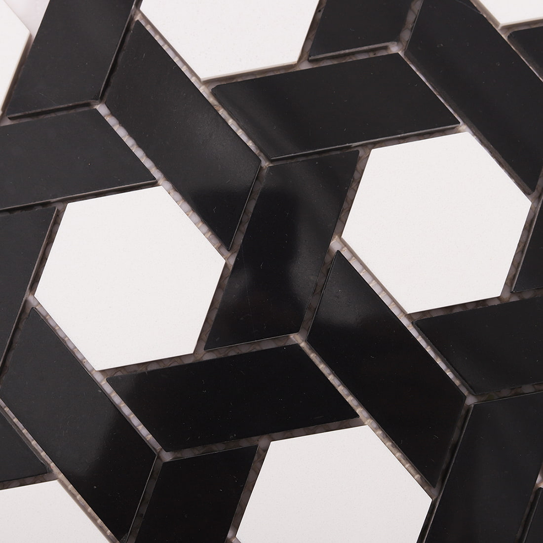 Detailed view of black and white hexagon weave mosaic pattern