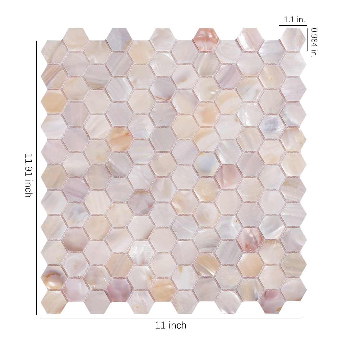 Hexagon mother of pearl mosaic tile sheet with dimensions on white background