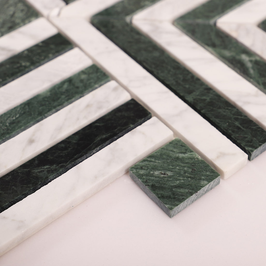 Indian Green and Carrara White Square Geometry Marble Mosaic Floor Tile