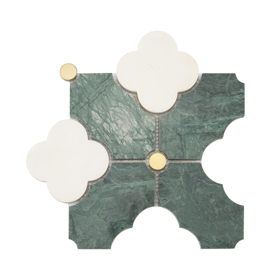 Indian green and white flower marble mosaic tile with gold metal accents