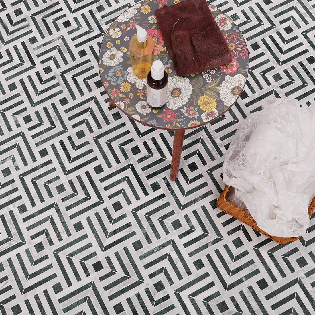Indian Green and Carrara White Square Geometry Marble Mosaic Floor Tile
