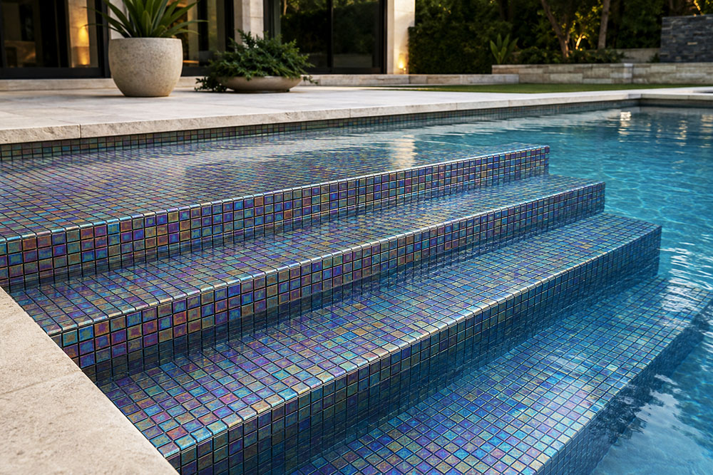 Blue iridescent swimming pool step tiles covering wide submerged entry stairs