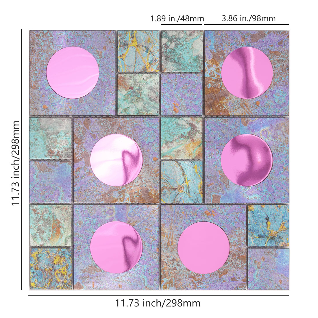Iridescent square aluminum mosaic tile with pink round mirror glass inserts