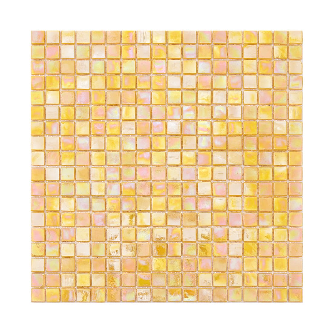 Solid iridescent yellow square glass mosaic tiles arranged on white mesh backing