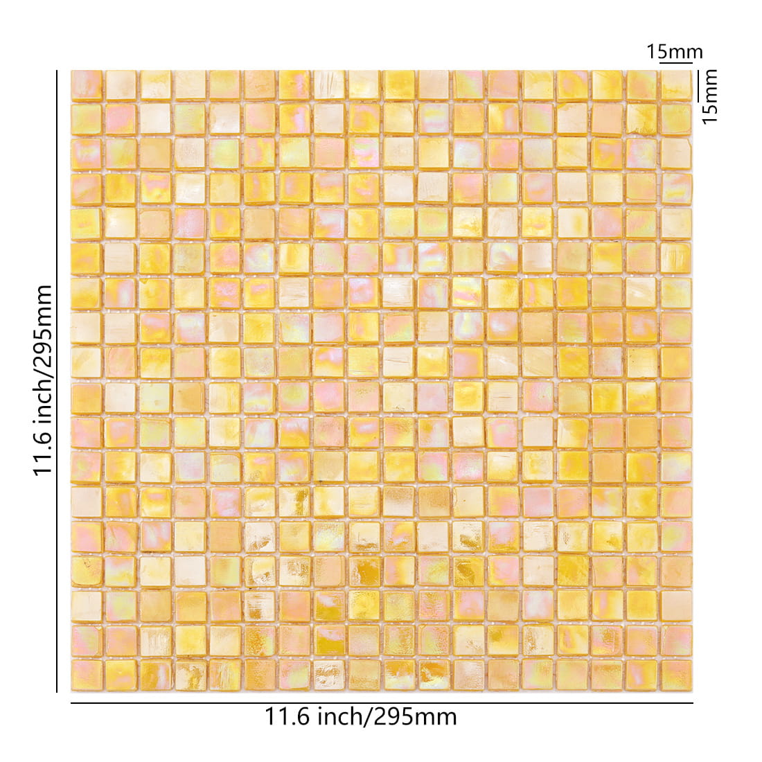 Iridescent yellow 15x15mm square glass mosaic tile sheet with measurement markings