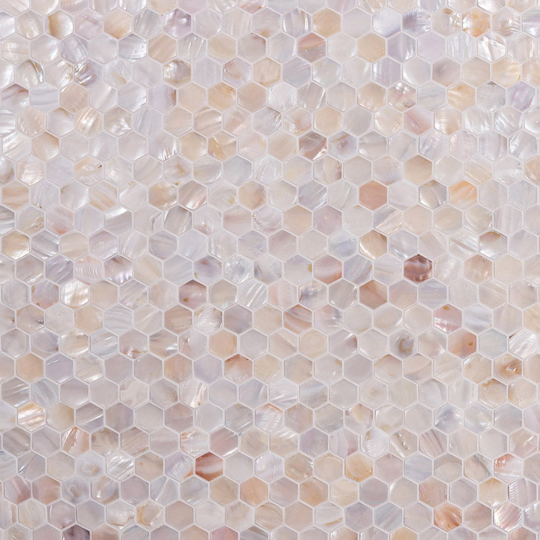 Full frame of installed iridescent hexagon mosaic tile surface