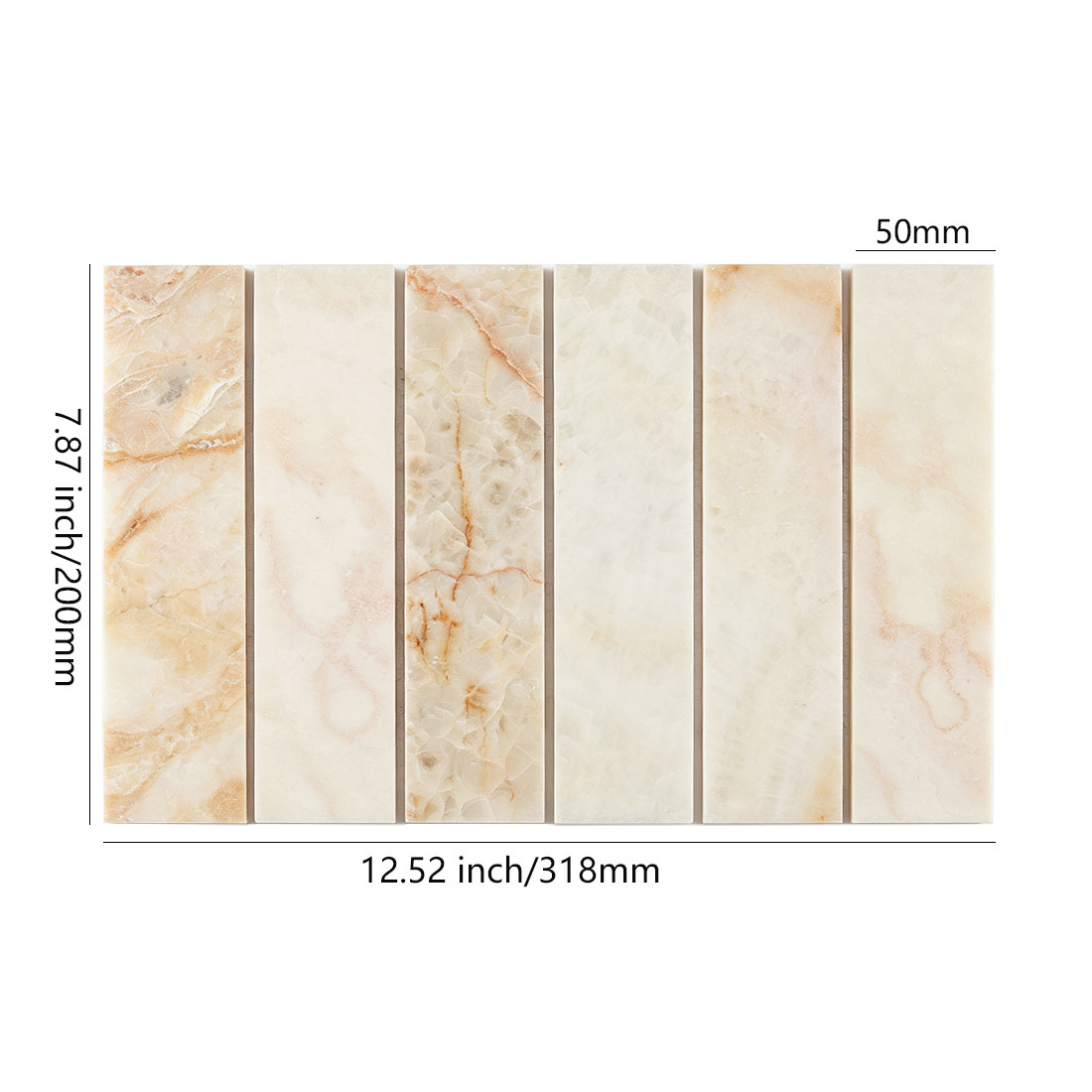 Ivory onyx wide bar mosaic tile with 50mm strips and 318mm sheet dimensions