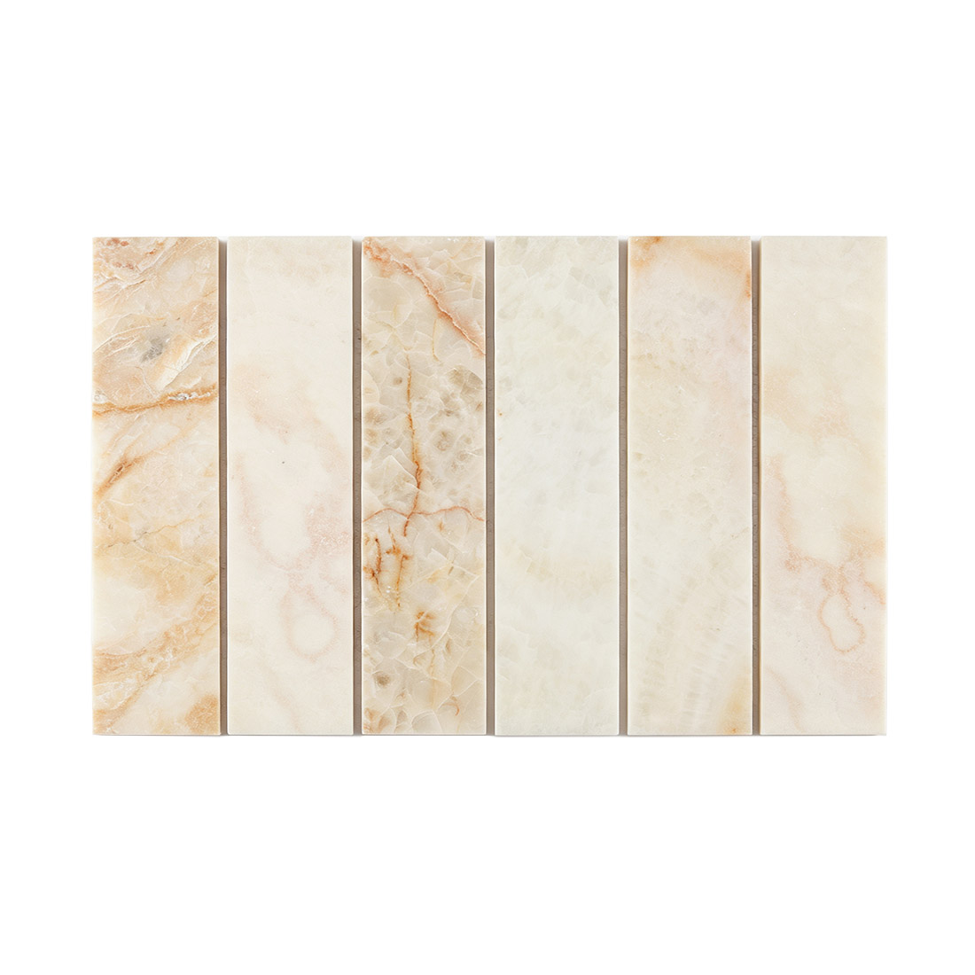 Ivory onyx wide bar mosaic tile sheet with soft cream and golden veining