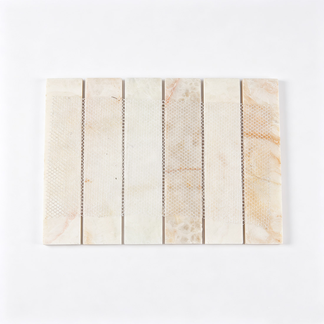 Mesh-backed ivory onyx wide bar mosaic tile sheet