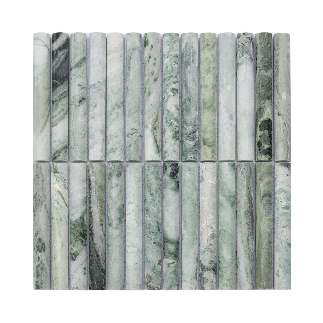 Jade green marble mosaic sheet with vertically arranged half-round strips