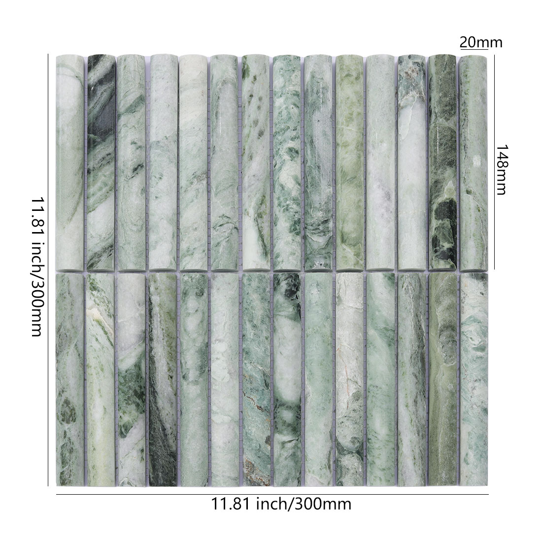 Jade green marble strips with 20 x 148 mm chips and a 300 mm mosaic sheet