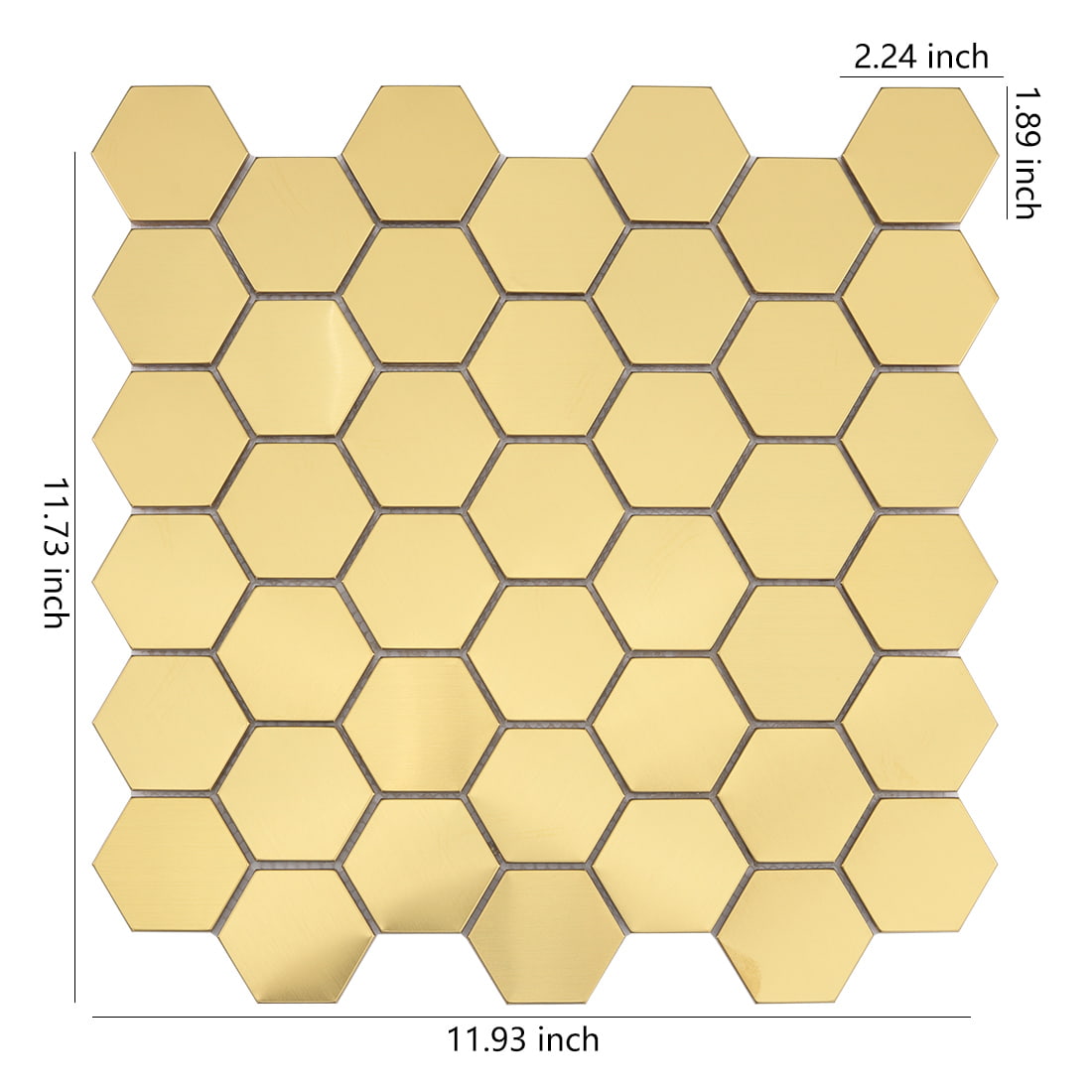 Gold hexagon stainless steel mosaic sheet with 11.93 by 11.73 inch dimensions and 1.89 by 2.24 inch chips.