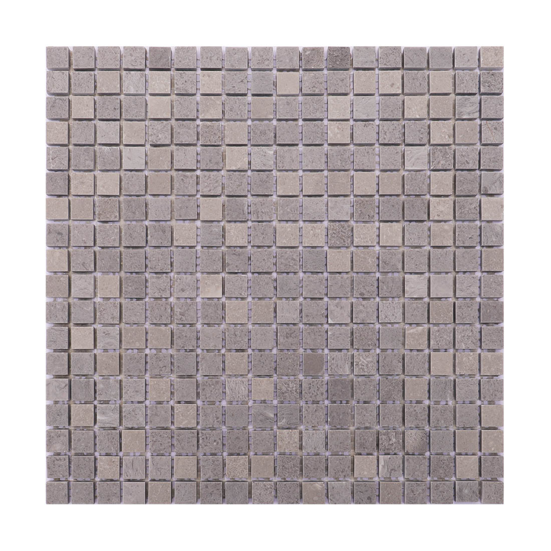 Light gray square marble mosaic tile sheet in a classic grid pattern