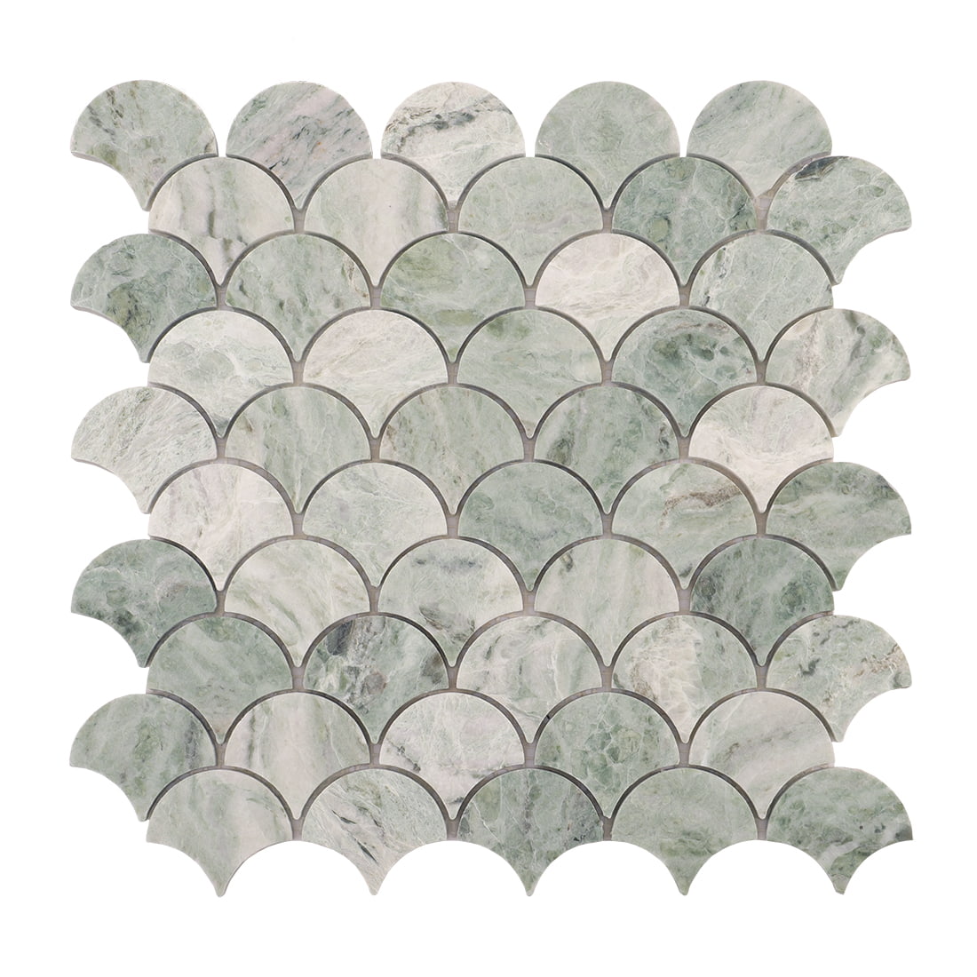 Front view of light green marble fish scale mosaic sheet with natural stone veining