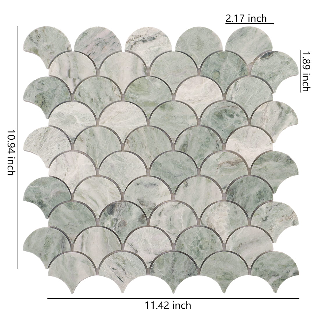 Light green marble fish scale mosaic tile sheet with size measurements on white background