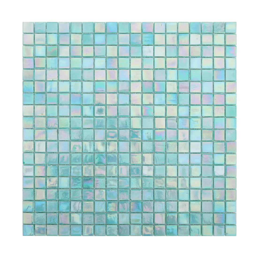 Full sheet of light aqua iridescent square glass mosaic tiles