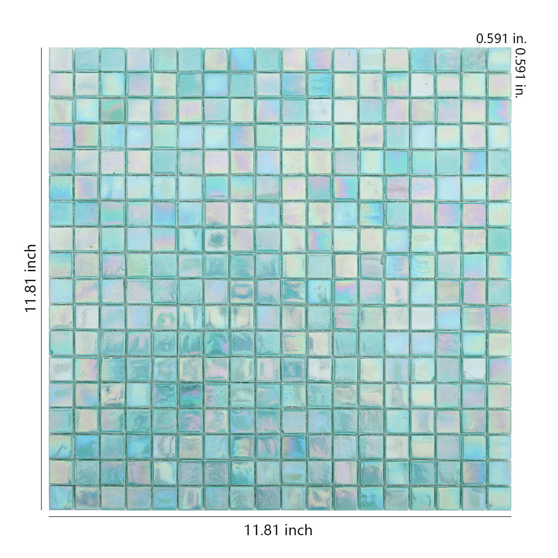 Light aqua iridescent square glass mosaic tile sheet with size details