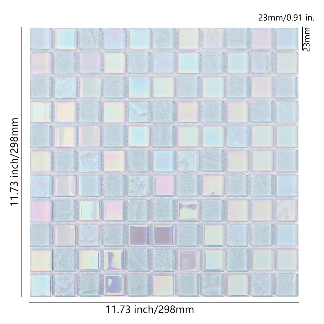 Light blue iridescent square glass mosaic tile sheet with 23mm pieces