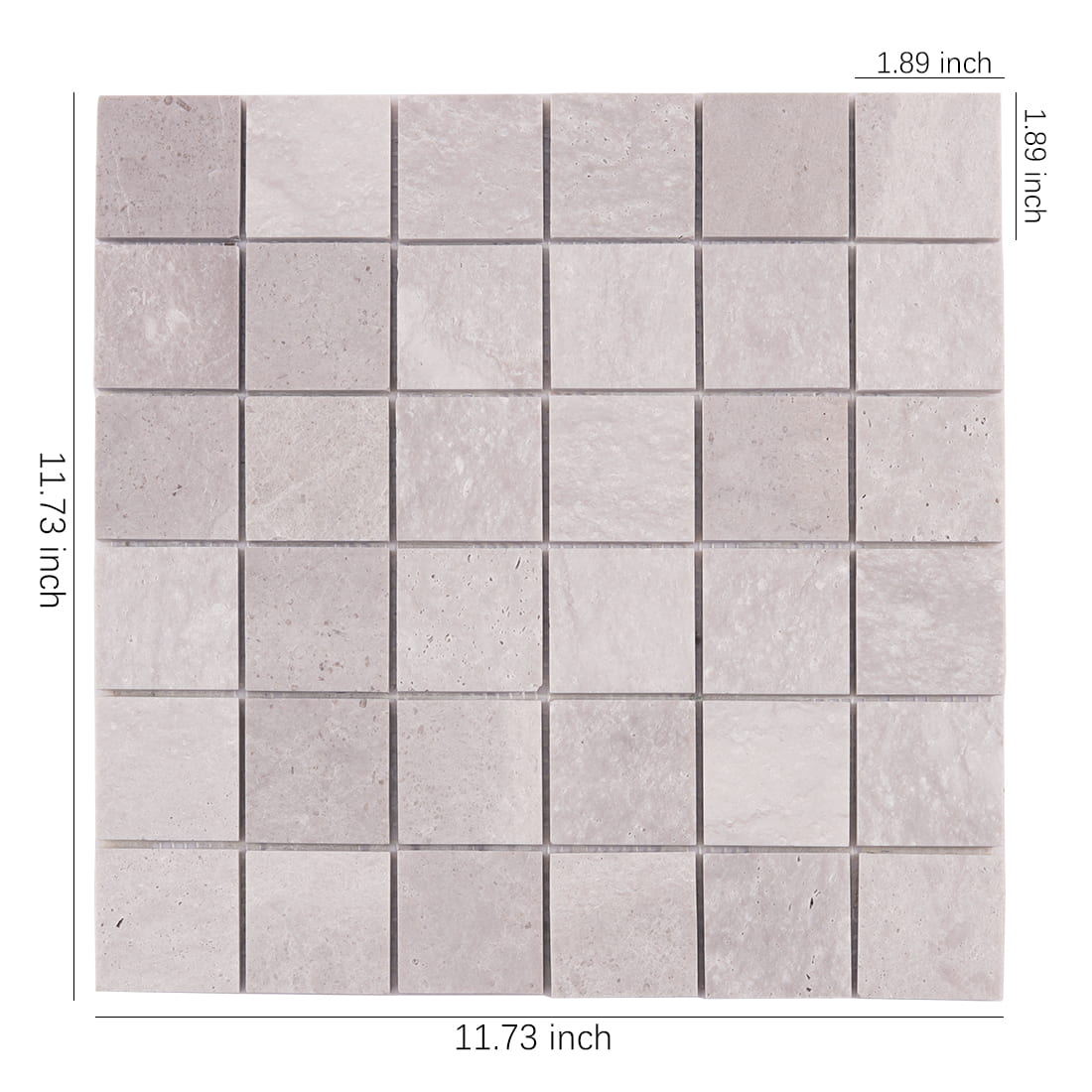 Light gray marble square mosaic tile sheet showing size and layout