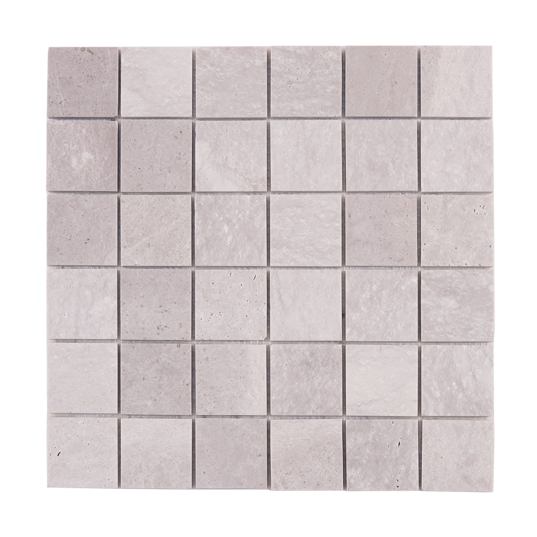 Full sheet view of light gray square marble mosaic tiles