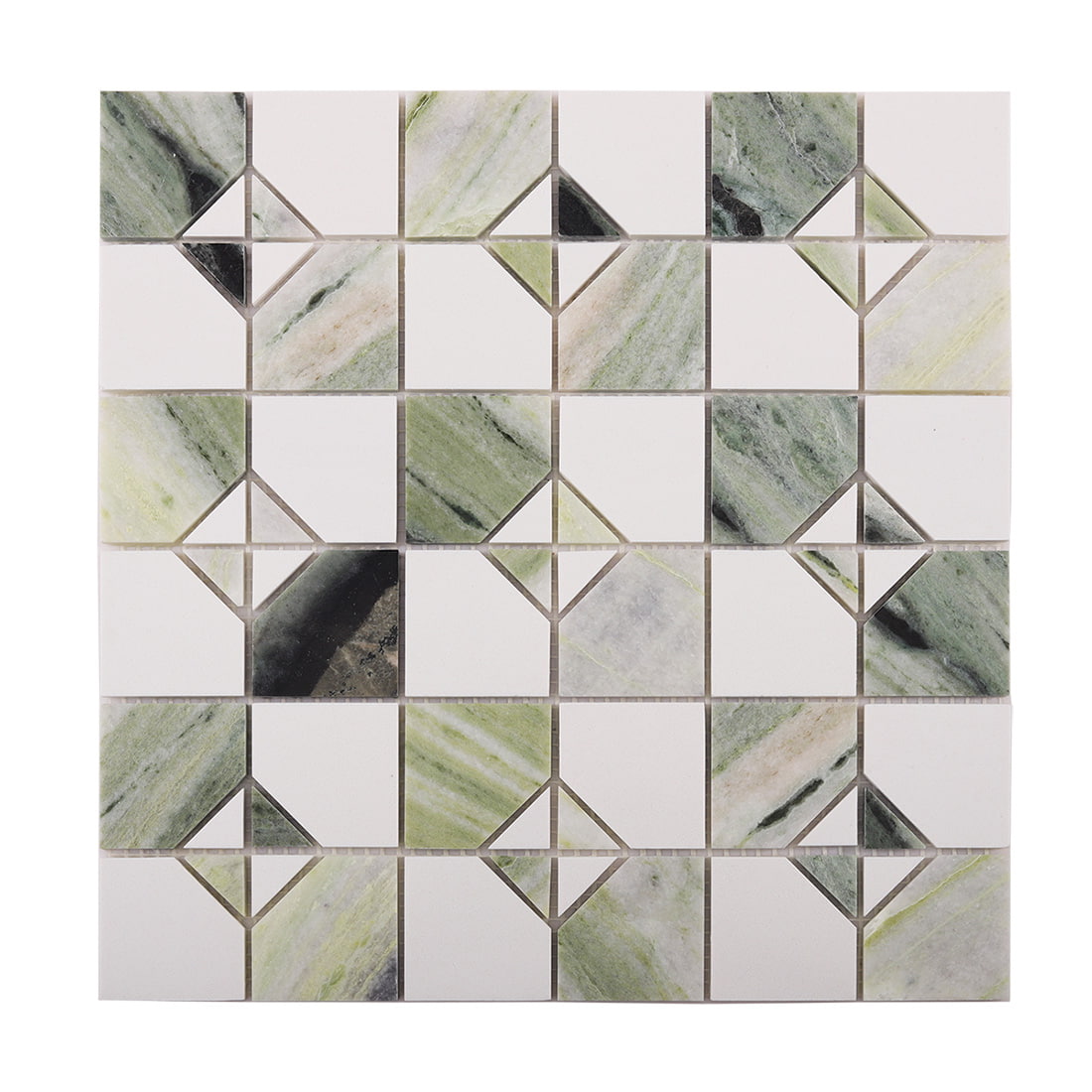Front view of light green marble and white square mosaic tile sheet on white background