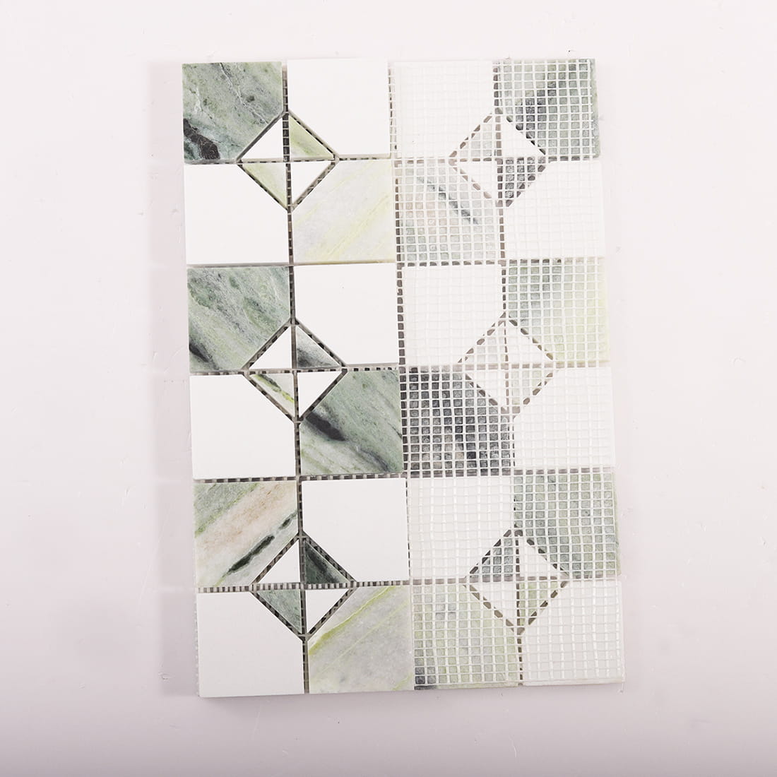 Mesh backing view of light green marble and white square mosaic tile sheet