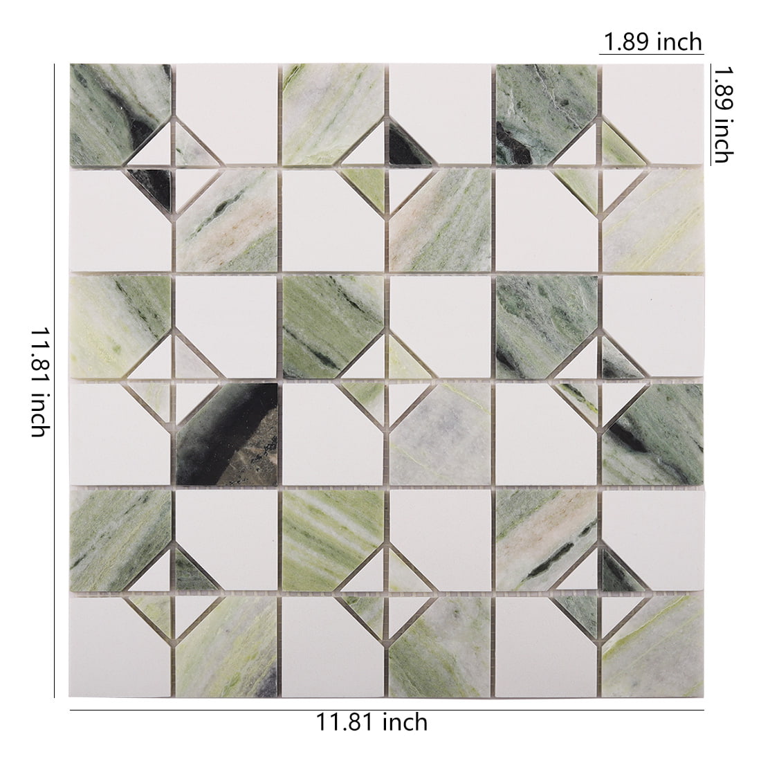 Light green marble and white square mosaic tile sheet with size measurements