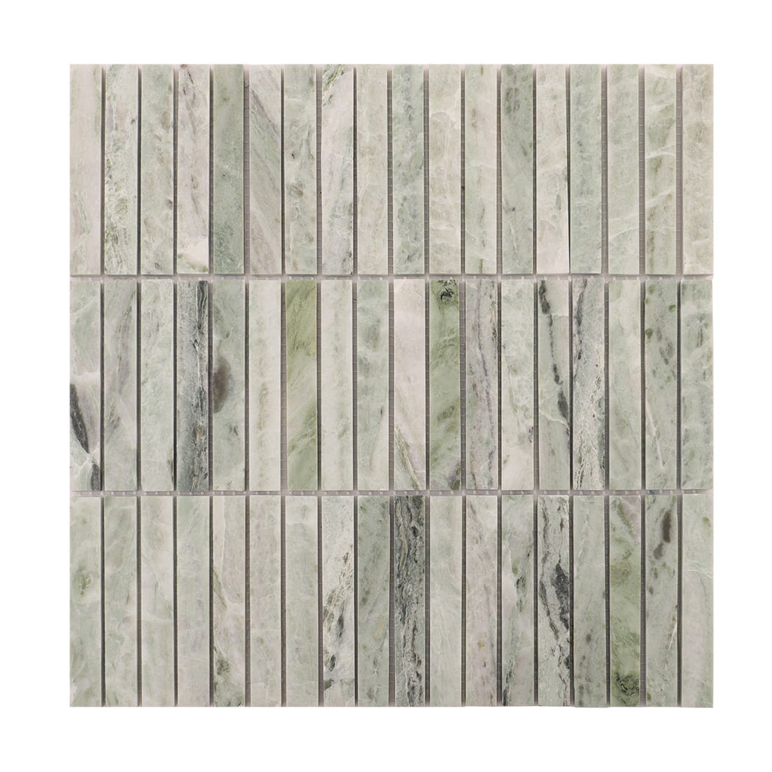 Front view of light green marble linear mosaic sheet on white background