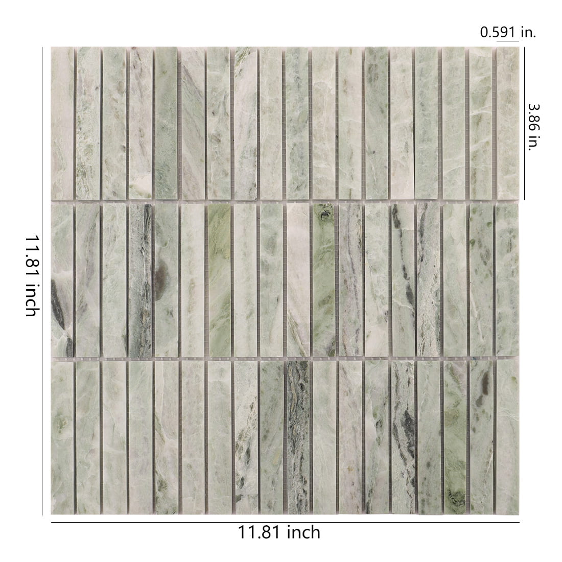Light green marble linear mosaic sheet with size measurements on white background
