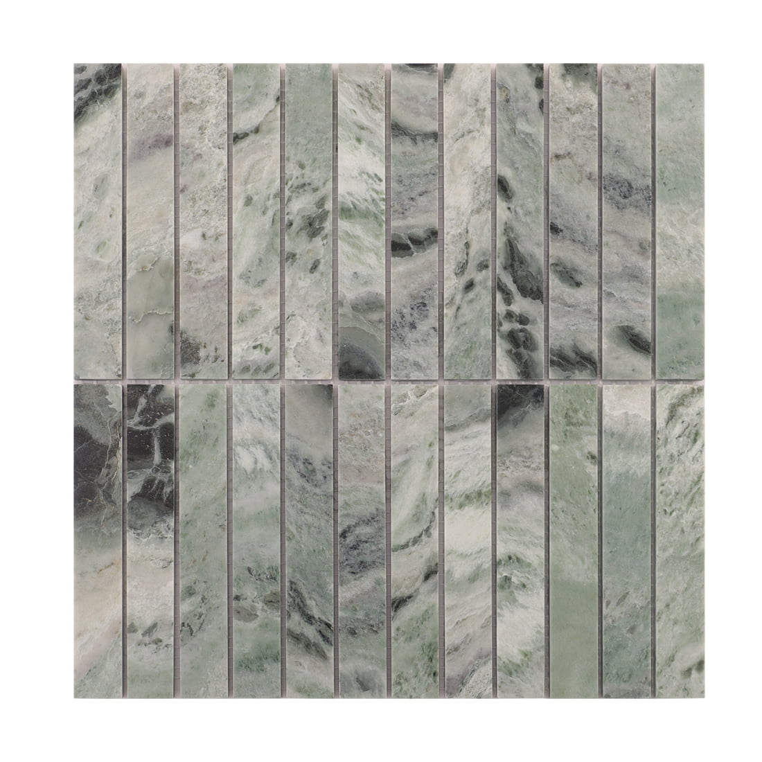 Front view of light green marble long strip mosaic sheet on white background