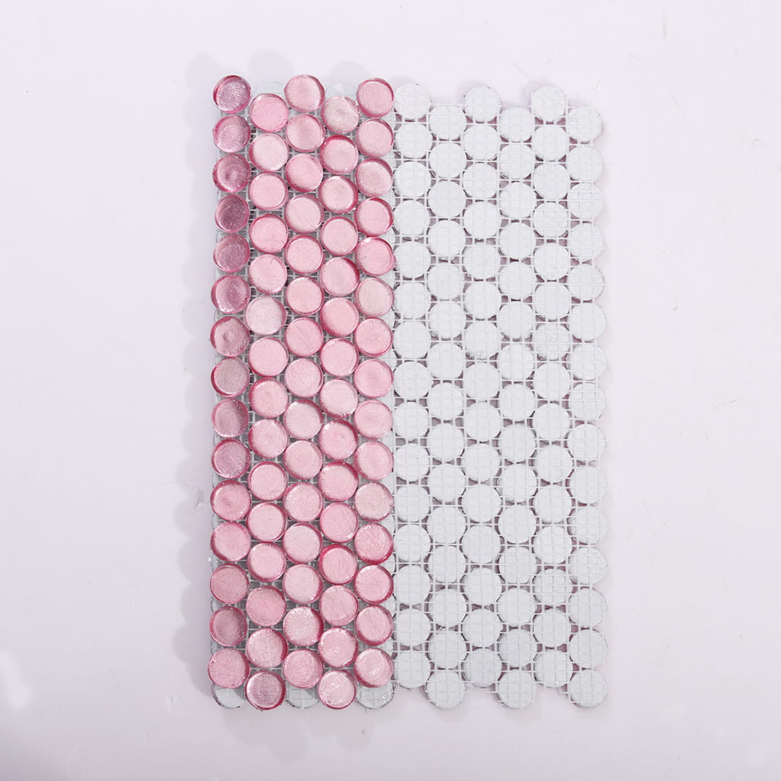 Light pink round glass mosaic tile sheet with fiberglass mesh backing