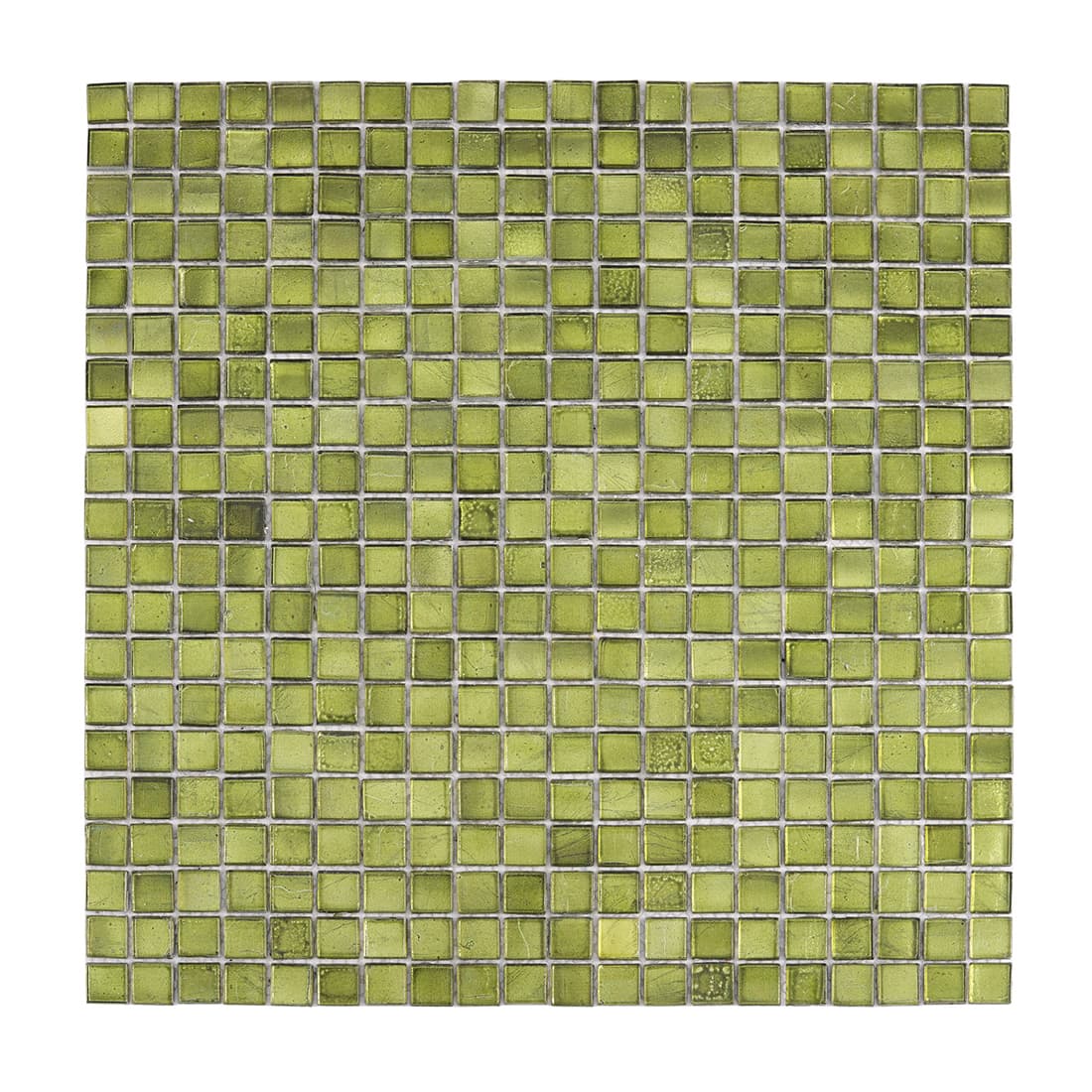 Close up view of lime green square glass mosaic tile sheet with uniform grid pattern